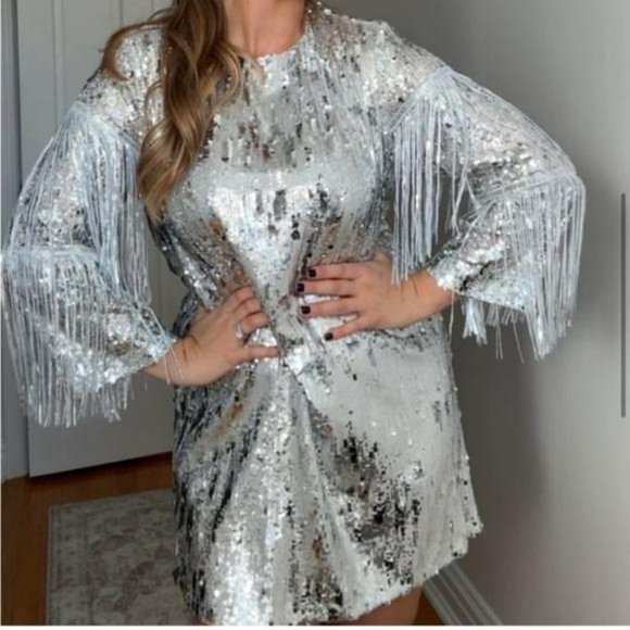 ZARA FRINGED SEQUIN MINI SHIFT DRESS - Picture 6 of 7
